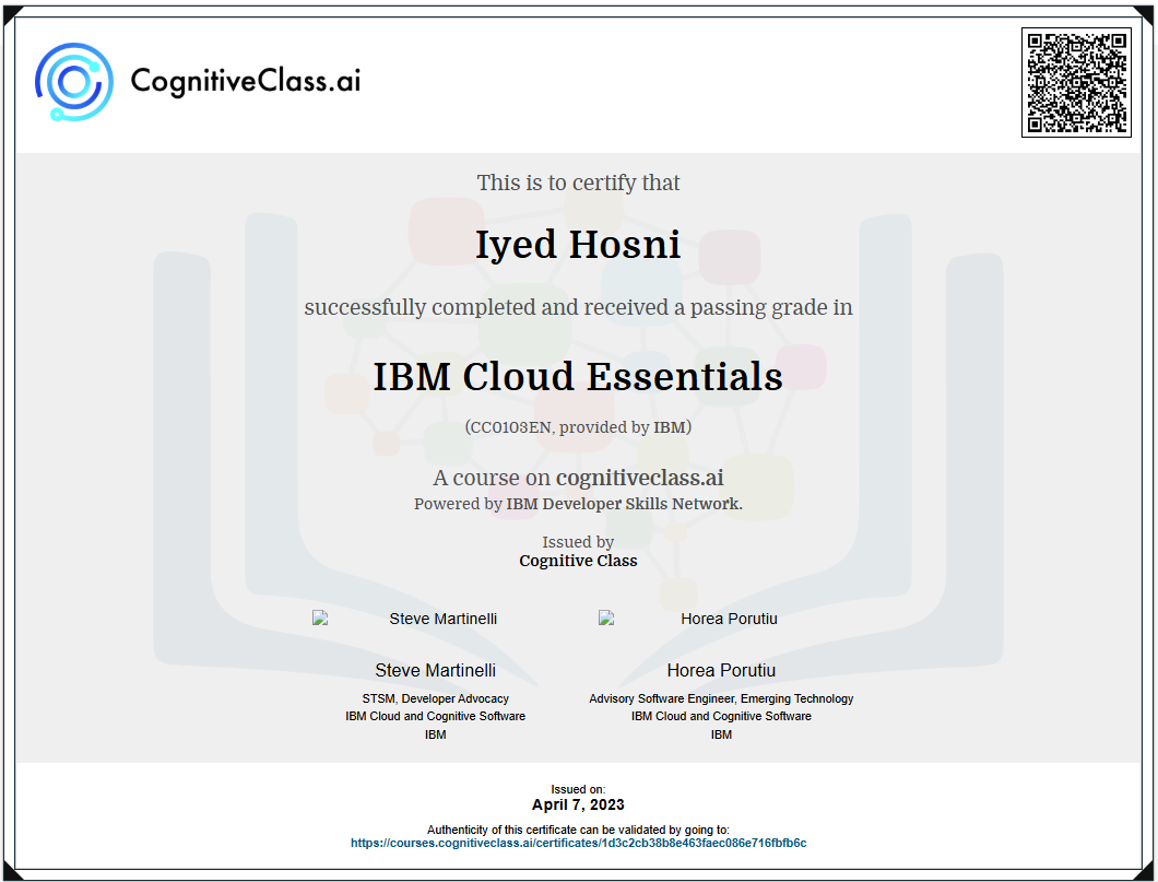 IBM CognitiveClass Cloud Essentials V3 Certificate — Iyed Hosni